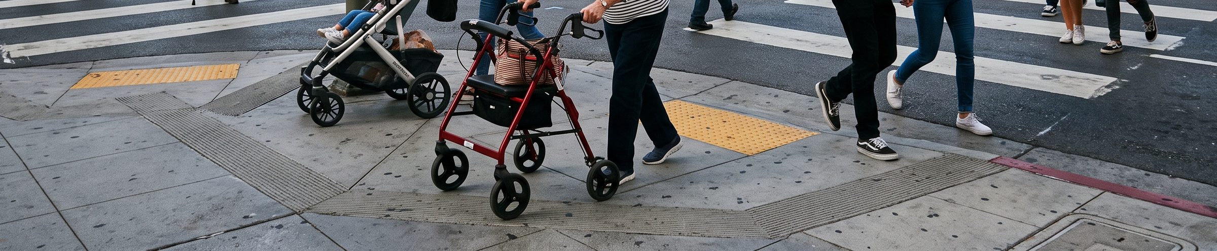 A person with a rolling walker and a person pushing a stroller use a sidewalk curb cut with yellow tactile paving at a street crossing.